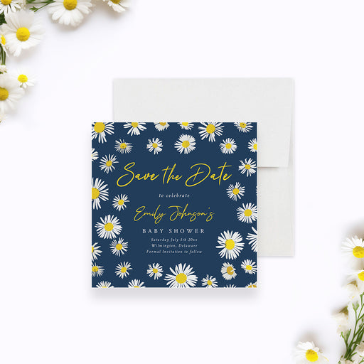 Daisy baby shower save the date card with boho floral spring design on navy background, perfect for a baby in bloom celebration.