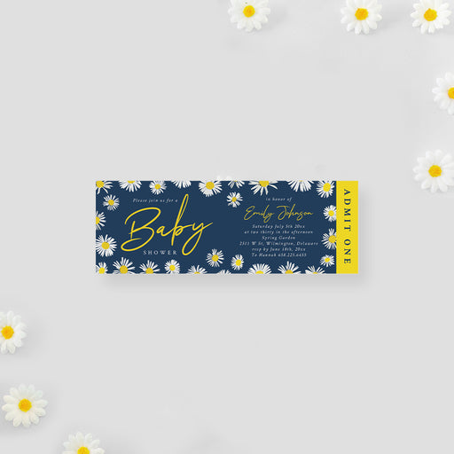 daisy baby shower ticket invitation with navy blue background, white daisies, yellow accents, and personalized event details