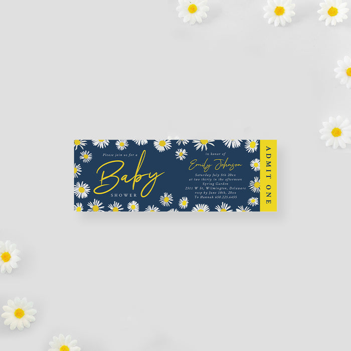 daisy baby shower ticket invitation with navy blue background, white daisies, yellow accents, and personalized event details