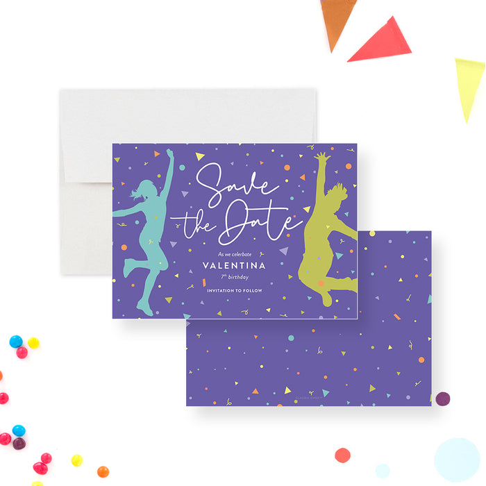 Dance and Play Children's Birthday Save the Date Invitation with Confetti,  Colorful Kids Disco Party Save the Date Card