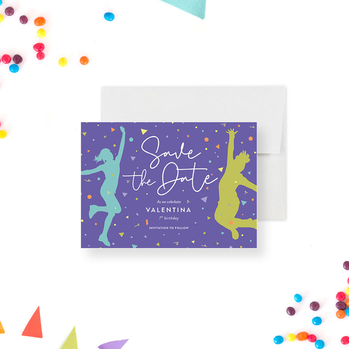 Dance and Play Children's Birthday Save the Date Invitation with Confetti,  Colorful Kids Disco Party Save the Date Card