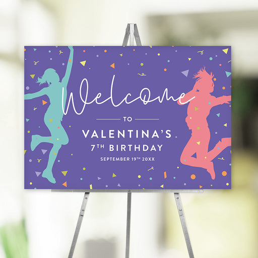 Colorful personalized birthday welcome sign with silhouettes of kids jumping and dancing, confetti, and custom event details. A fun way to greet guests in style!