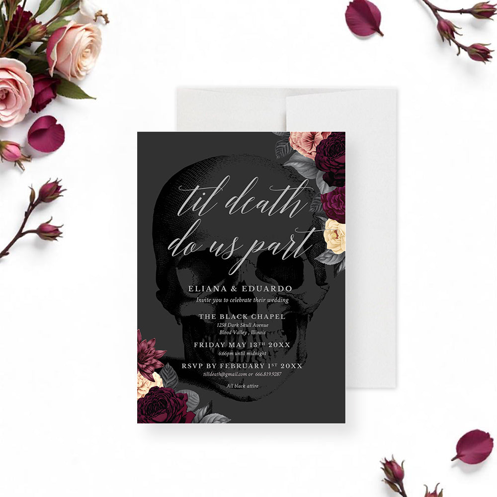 Gothic Wedding Invitation with Skull and Flowers Til Death Do Us Part