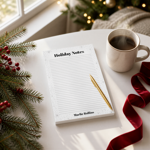 A white notepad with the title "Holiday Notes" sits on a white table, accompanied by a cup of coffee and a red ribbon.