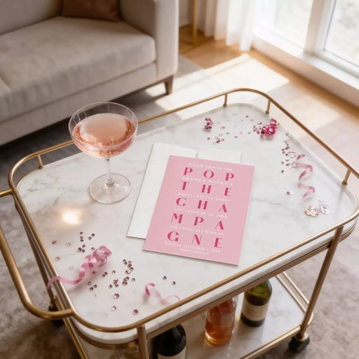 a pink invitation card with text, a glass of champagne, and some pink confetti on a marble table.
