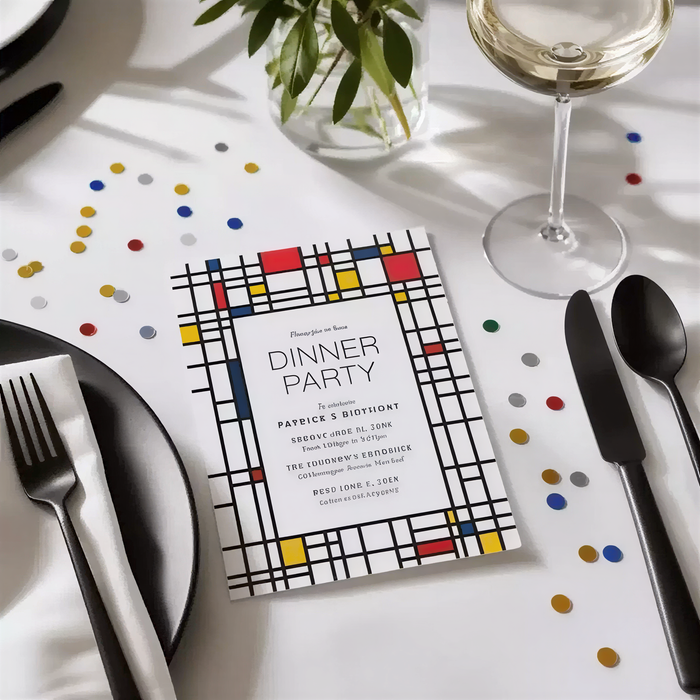 a colorful invitation card for a dinner party, with a table set with a wine glass, blackware, and confetti scattered around.