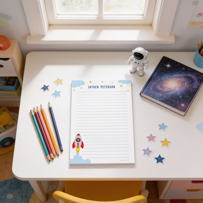 A child's desk with a blank nameplate, a small astronaut figurine, a book with a galaxy cover, and a set of colored pencils.