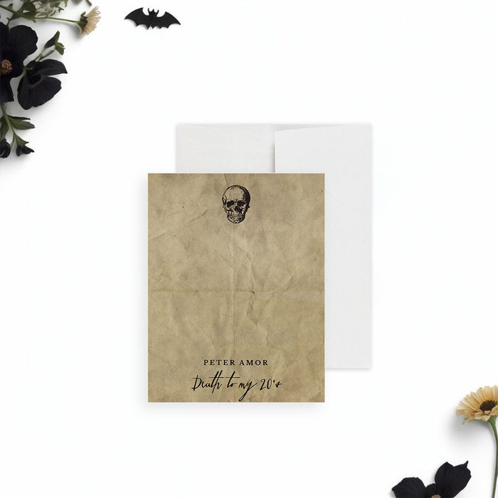 Death to My 20s thank you card with vintage gothic skull design-front