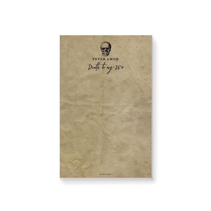 personalized Death to My 20s notepad with vintage gothic skull design