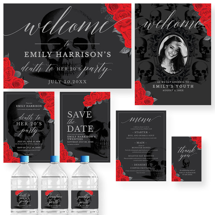 Death to My 20s matching party bundle template with gothic skull and red roses including invitation, save the date, welcome sign, menu, thank you card, and bottle labels