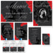 Death to My 20s matching party bundle template with gothic skull and red roses including invitation, save the date, welcome sign, menu, thank you card, and bottle labels