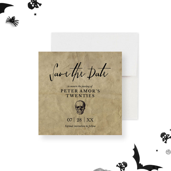 Death to My 20s save the date card with vintage gothic skull design-front