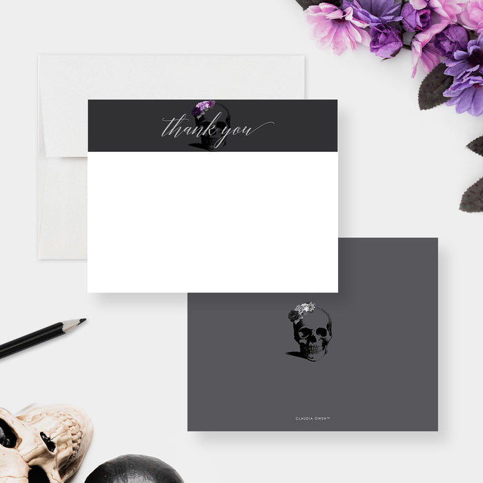 Death to My 20s thank you card with gothic skull and purple floral design