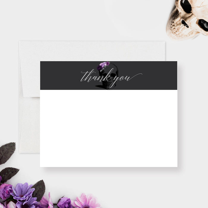 Death to My 20s thank you card with gothic skull and purple floral design-front