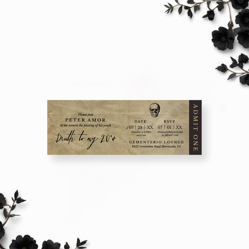 Death to My 20s ticket invitation with vintage gothic skull design