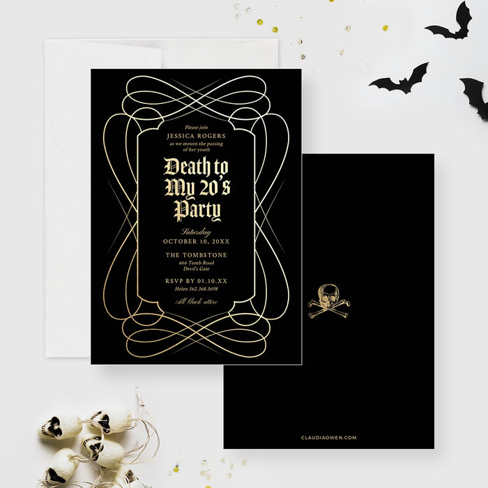 Death To My Twenties digital invitation featuring elegant black and gold gothic birthday party design