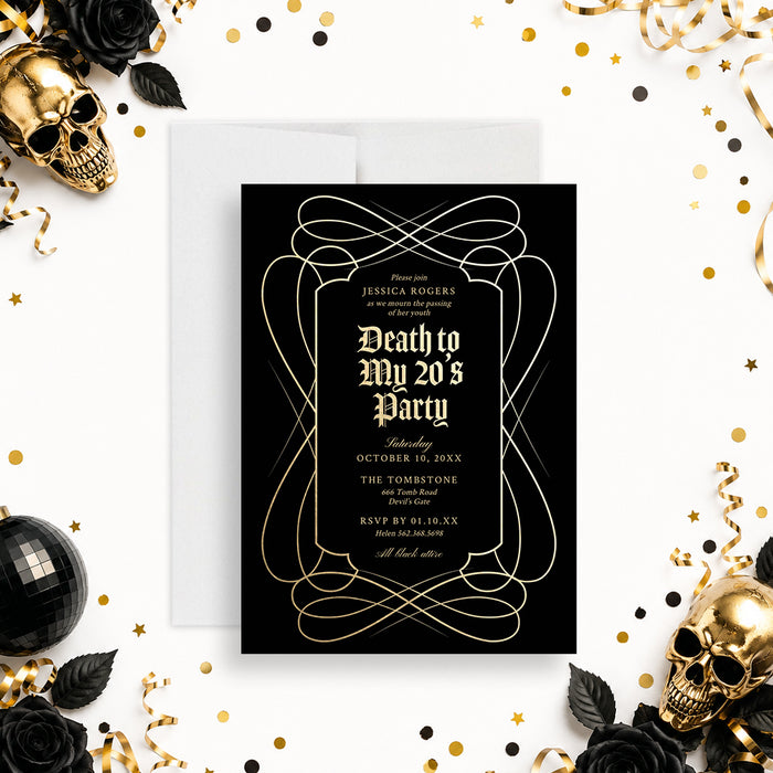 Death To My Twenties digital invitation featuring elegant black and gold gothic birthday party design