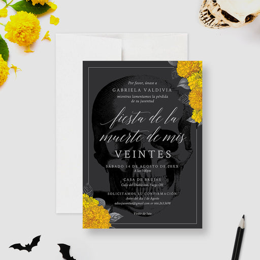 Death to My Twenties invitation card with marigold flowers and skull design