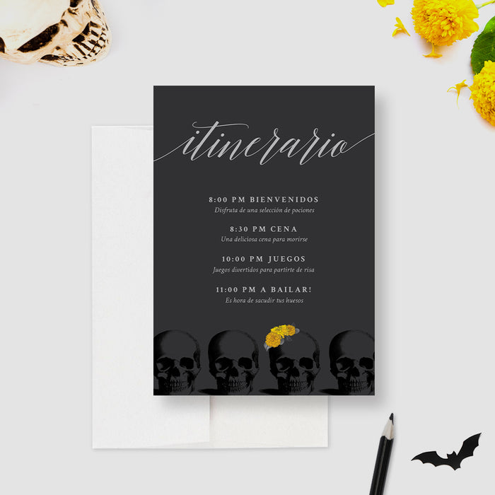 Gothic party itinerary card with skulls and marigold flowers and Spanish text listing the event schedule for a Death to My Youth themed birthday.