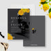 Gothic save the date card with skull illustration and marigold flowers for a Day of the Dead inspired Death to My Youth birthday theme.-front-back