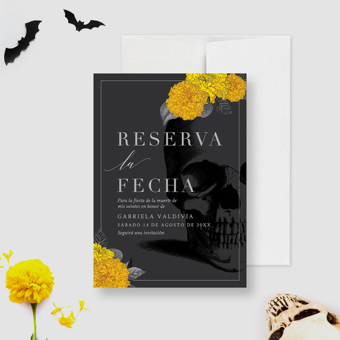 Gothic save the date card with skull illustration and marigold flowers for a Day of the Dead inspired Death to My Youth birthday theme.-front
