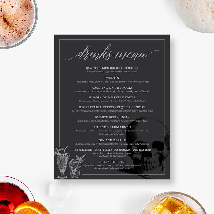 Death to Your 20s drinks menu template with pale script and dark skull artwork.