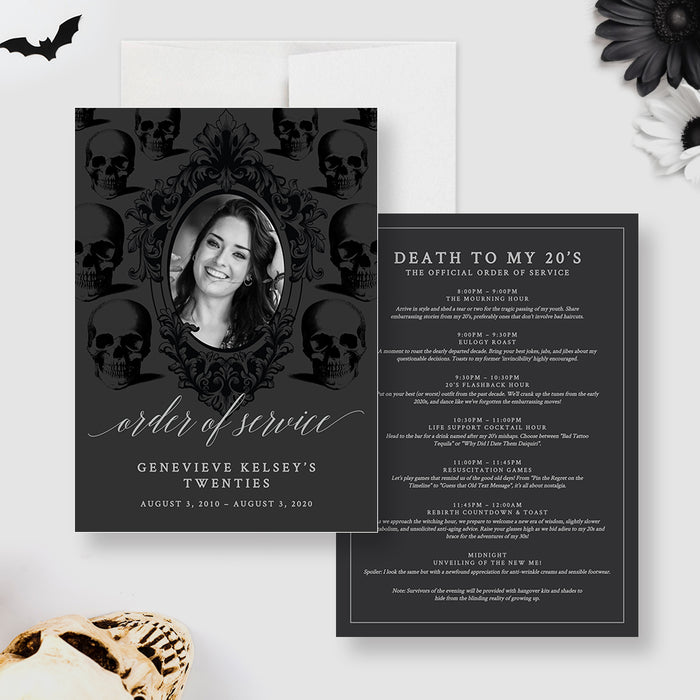 Death to Your 20s photo order of service template with a coordinating text panel on the back.