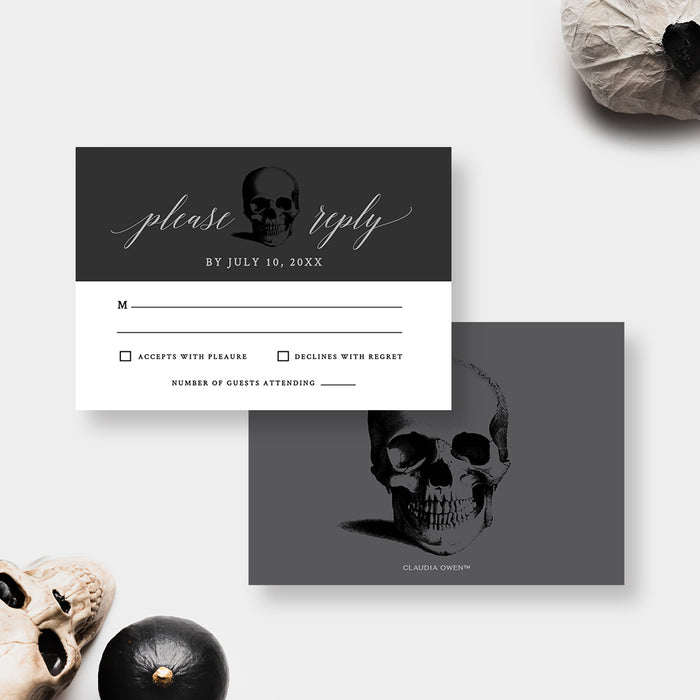 Death to Your 20s RSVP card with a white response panel and coordinating skull back.