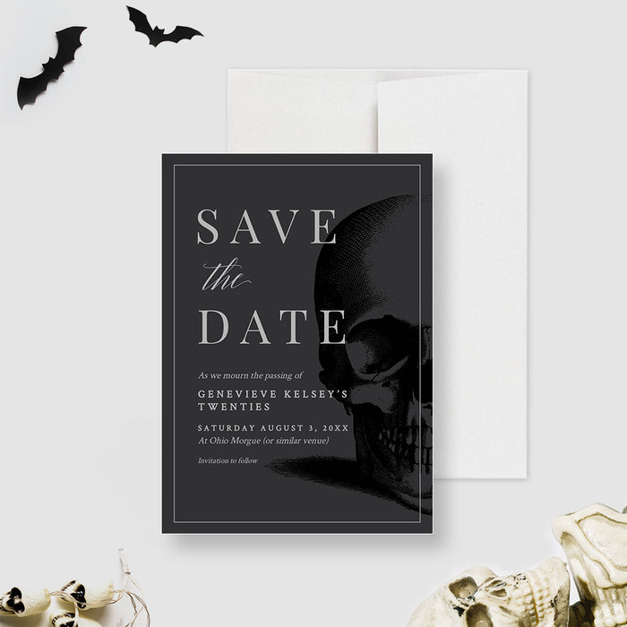 Death to Your 20s save the date card template with a dark skull design.