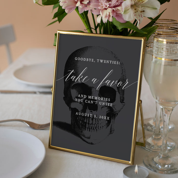 Death to Your 20s Take a Favor sign template displayed in a gold colored frame.