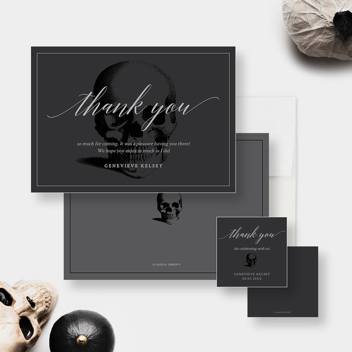 Death to Your 20s thank you card and matching small favor tags with skull artwork.