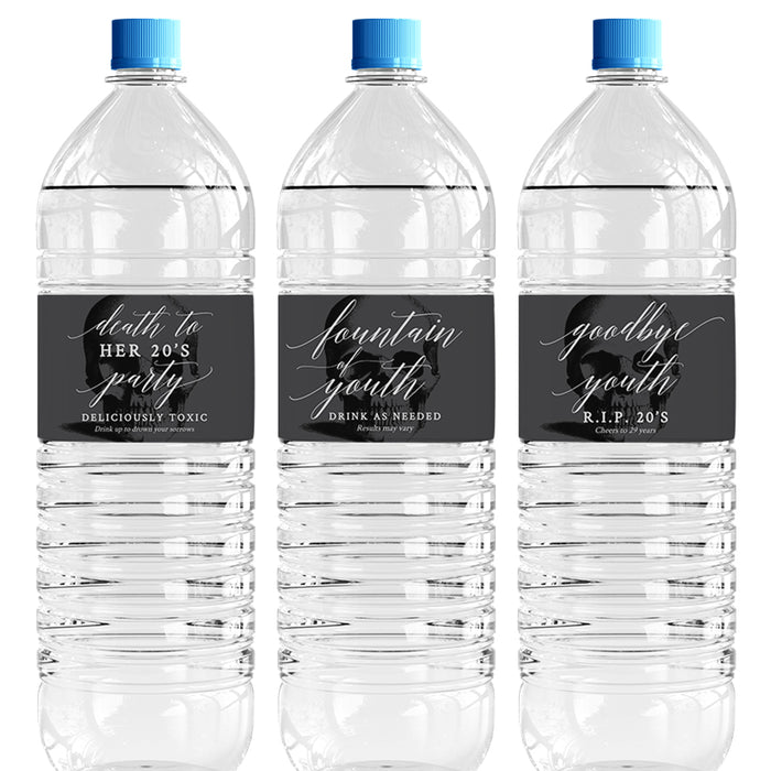 Three Death to Your 20s water bottle label designs shown on bottles.