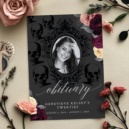 Floral Death to My Youth obituary digital template with skull design and photo frame