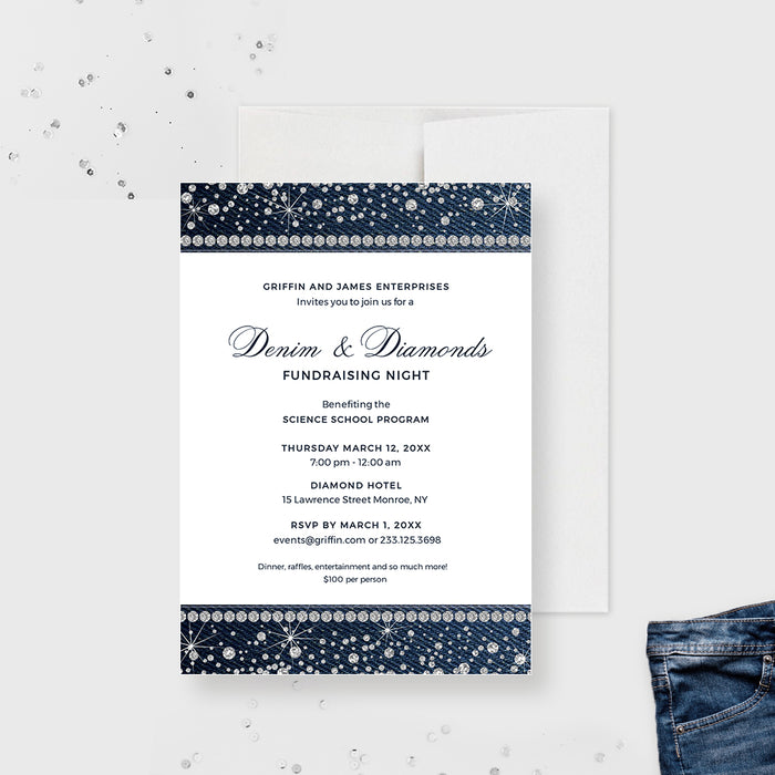 Denim and Diamonds fundraising night digital invitation template with blue denim and sparkling diamond details