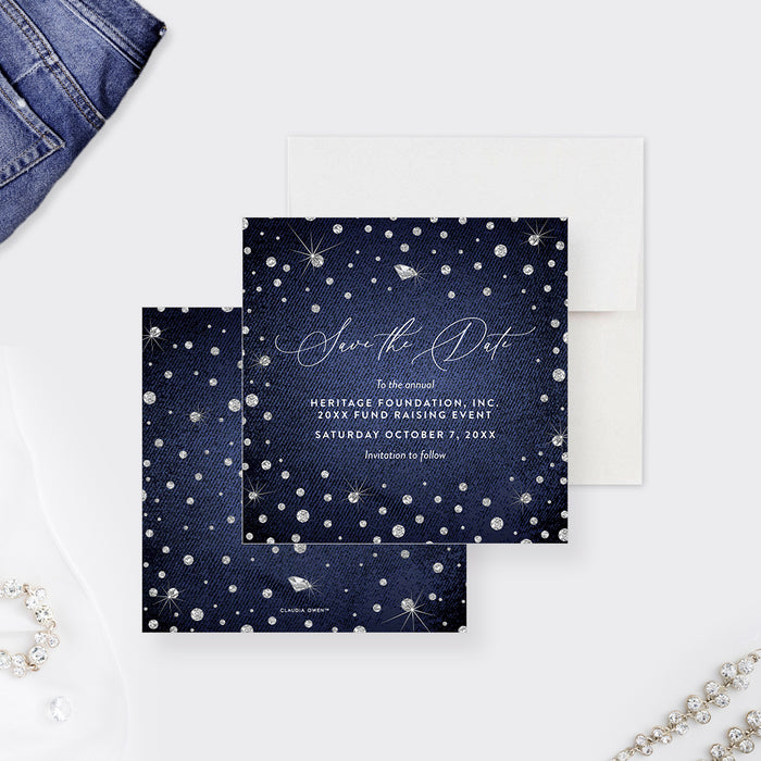 Denim and Diamonds Save the Date Card for Fundraising Event, Denim and Diamonds Save the Date for Birthday Dinner Party