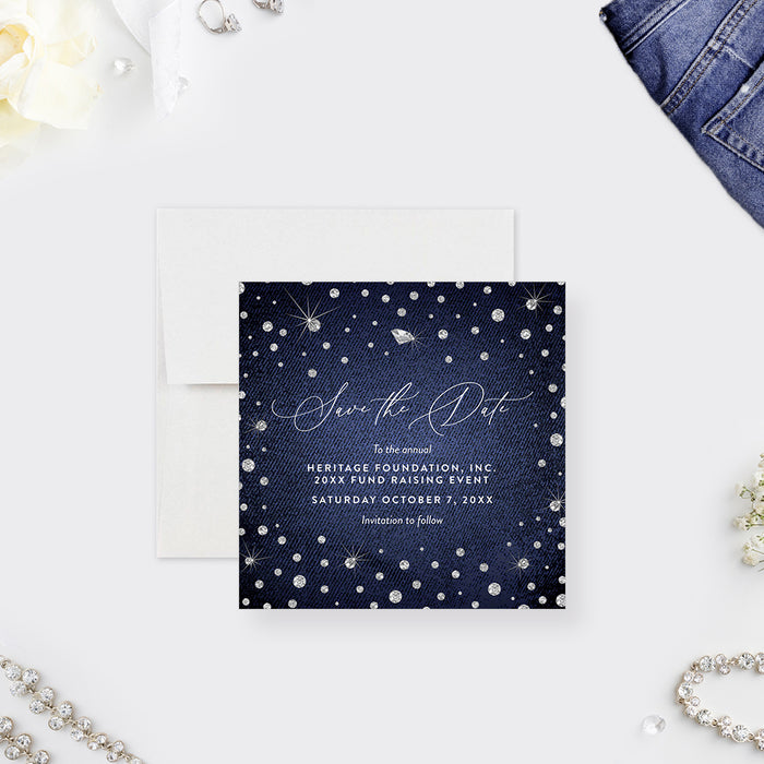 Denim and Diamonds Save the Date Card for Fundraising Event, Denim and Diamonds Save the Date for Birthday Dinner Party