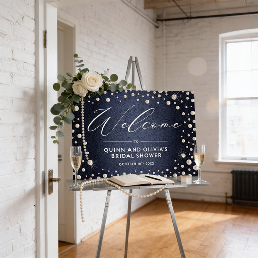 denim and pearls bridal shower welcome sign with dark blue denim-inspired background, pearl accents, and custom event details displayed on an easel