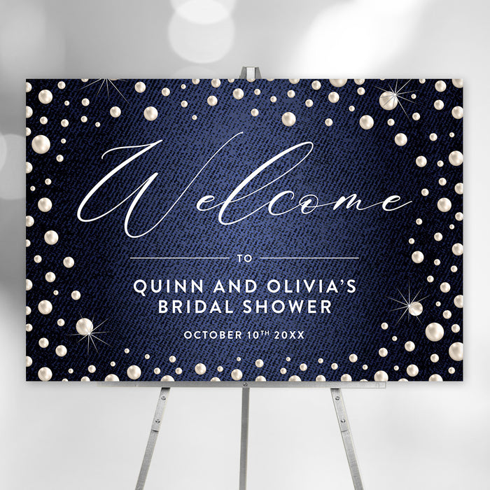 denim and pearls bridal shower welcome sign with dark blue denim-inspired background, pearl accents, and custom event details displayed on an easel