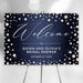 denim and pearls bridal shower welcome sign with dark blue denim-inspired background, pearl accents, and custom event details displayed on an easel
