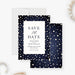 denim and pearls couples shower save the date card with dark blue background, pearl border, and personalized event details-front-back