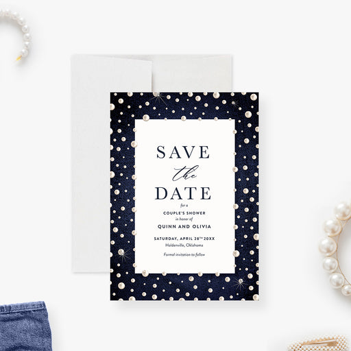 denim and pearls couples shower save the date card with dark blue background, pearl border, and personalized event details-front