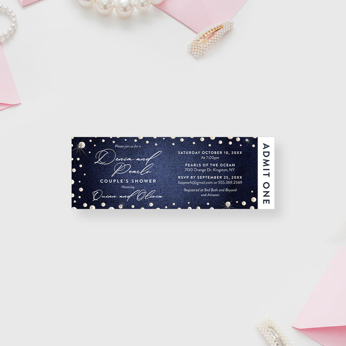 denim and pearls couples shower ticket invitation with dark blue denim-inspired background, pearl accents, admit one panel, and event details