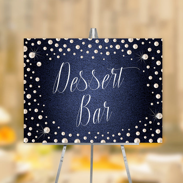 Denim and pearls Dessert Bar sign template displayed on an easel.
