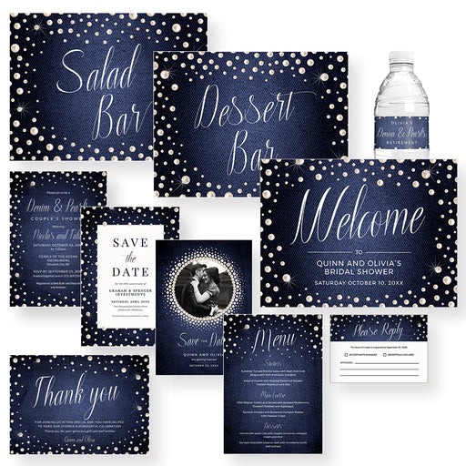 Denim and pearls matching template bundle with invitations cards signs and a water bottle label.