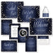Denim and pearls matching template bundle with invitations cards signs and a water bottle label.