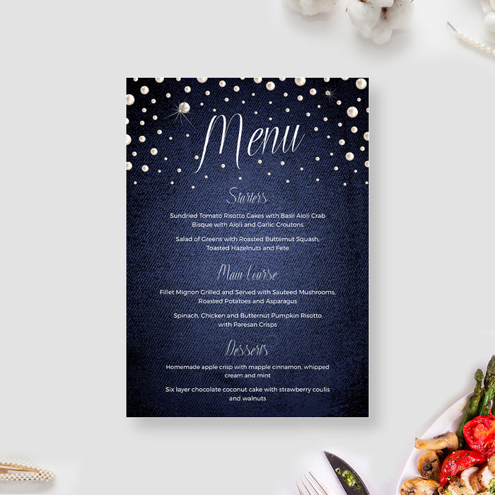 Denim and pearls menu card template with white lettering on a navy pearl patterned background.