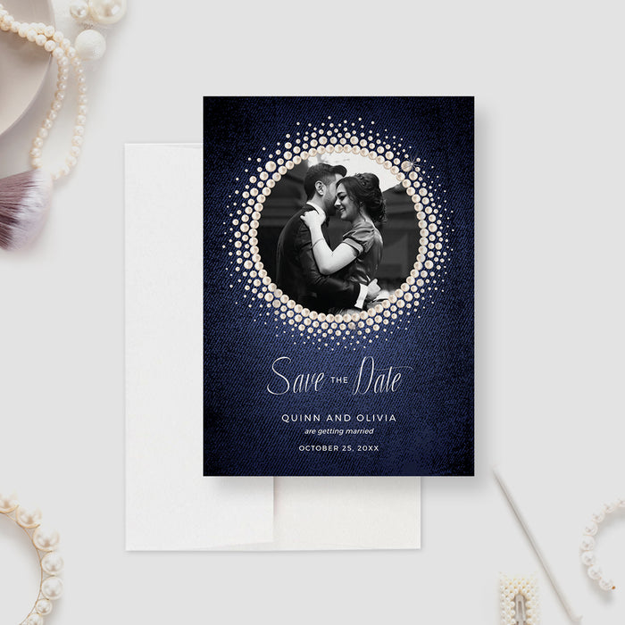 Denim and pearls save the date template with a round photo framed by pearl details.