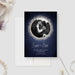 Denim and pearls save the date template with a round photo framed by pearl details.