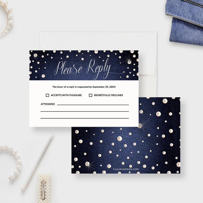 Denim and pearls RSVP card template with a white response panel and coordinating pearl patterned back.