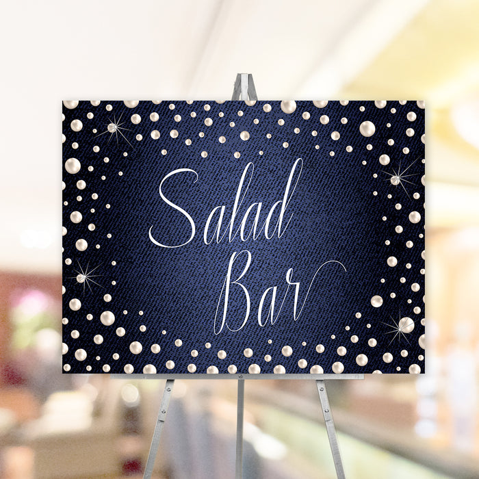 Denim and pearls Salad Bar sign template displayed on an easel.